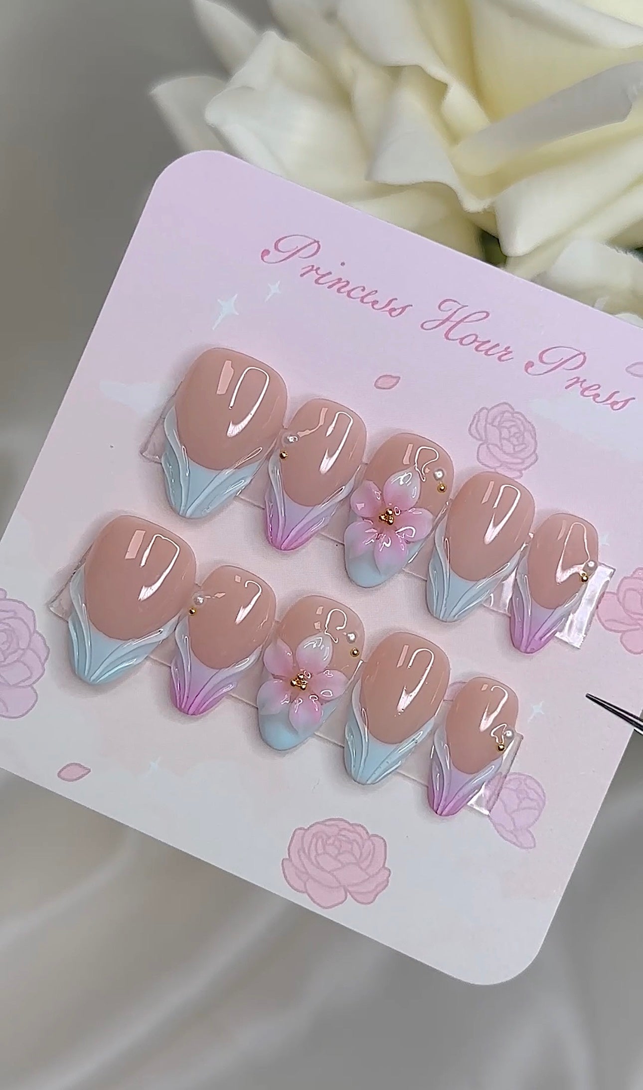 Blue French Tip 3D Flower