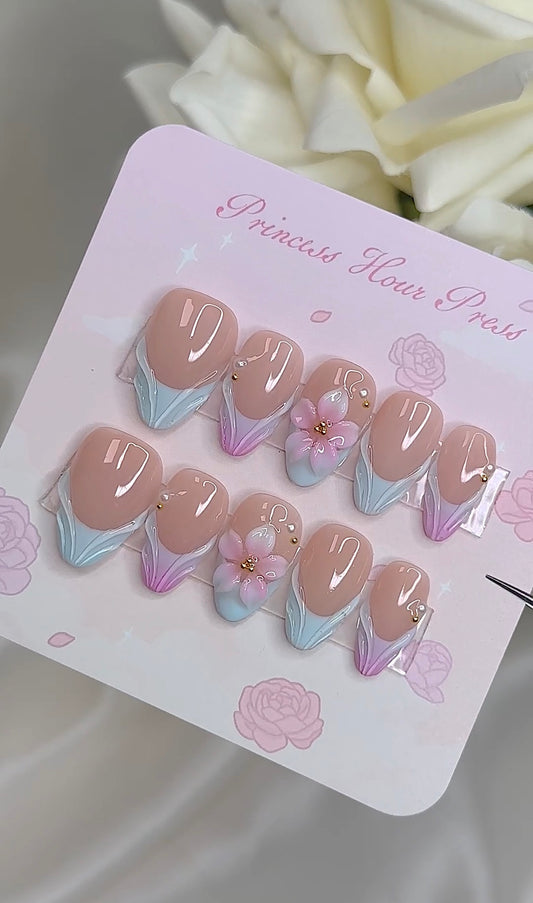 Blue French Tip 3D Flower
