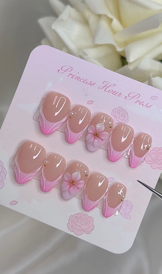 Pink Ombre French Tip 3D Flower