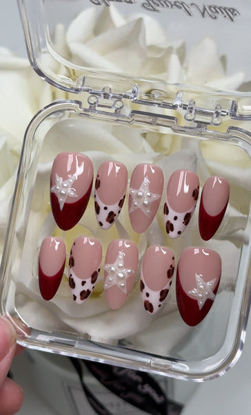 Red French Tip Star With Leopard Print