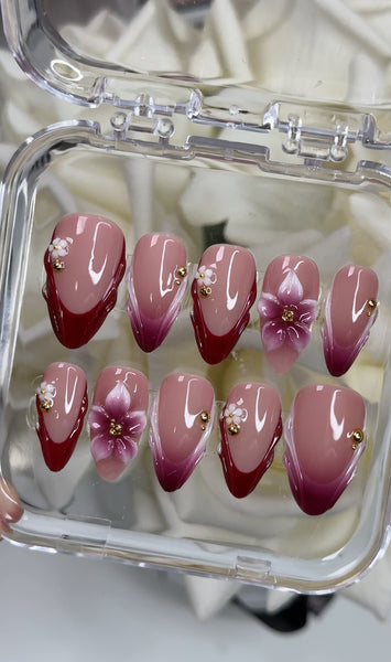 3d Red French Tip with Flowers