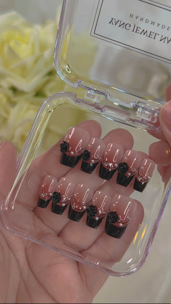 Blushing Black French Tip with Rose