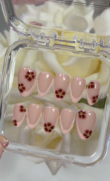 French Tip With Brown Blooming Flowers