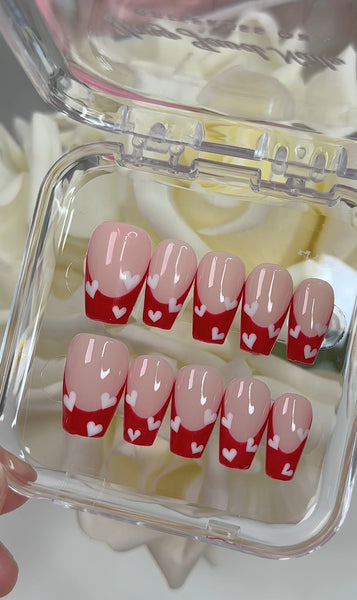 Red French Tip with White Hearts