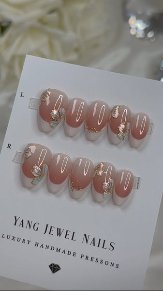 Blushing French Tip with Chrome Flower Small (RTS)