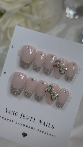 Glitter French Tip With Bow Large (RTS)