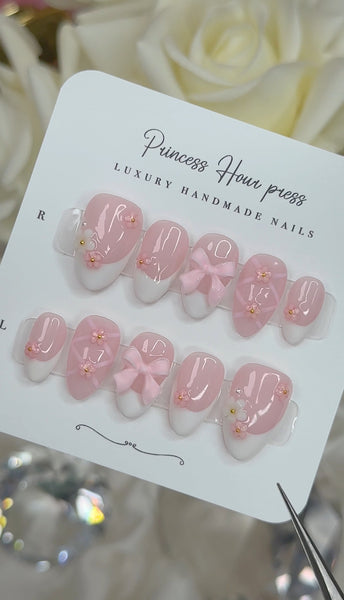 Flower French Tip with Pink Bow - Short Almond