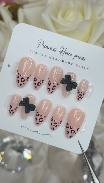 Cheetah French Tip with Black Bow - Medium Almond