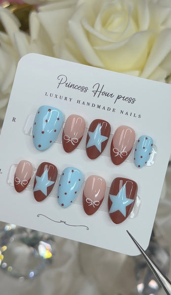 Blue Brown Polka Dot Star - Short Almond