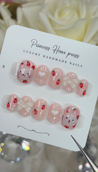 Strawberry Cute Cat and Bunny - XShort Square