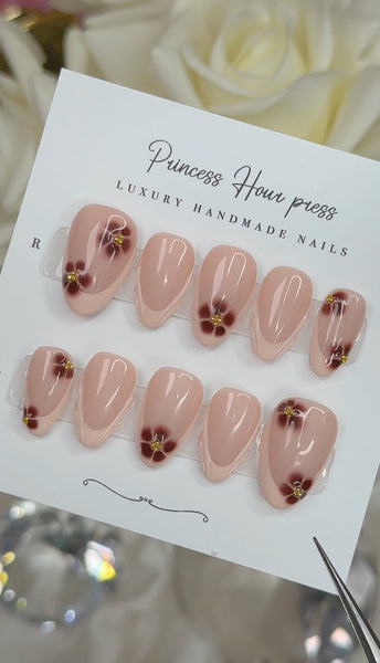 French Tip with Brown Blooming Flower - Short Almond