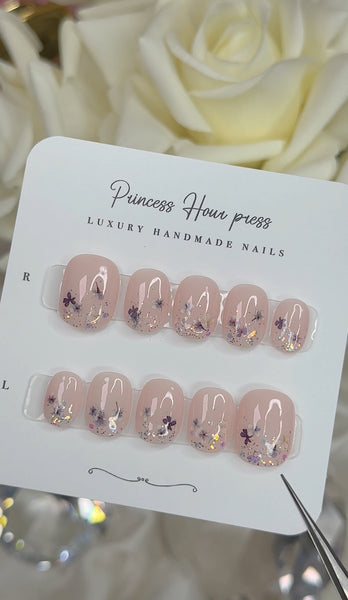 Glitter Flower French Tip - XShort Round Square