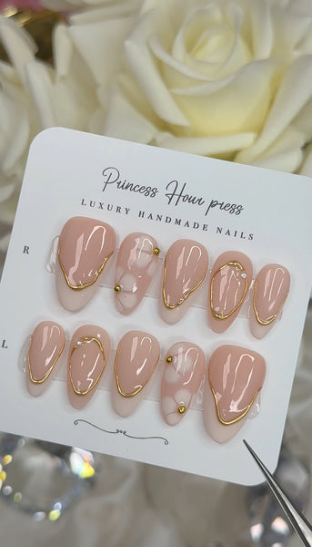 French Tip with Chrome and Blooming Flower - Medium Almond