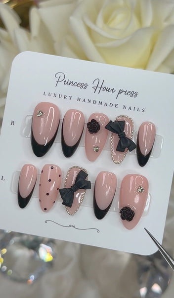 Black French Tip with Rose and Bow - Medium Almond