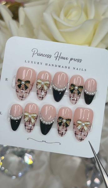 Black Tweed With Bow - Medium Almond