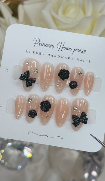 Glitter Tip Black Roses and Bow - Medium Almond