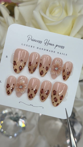 Gold Leopard Print with Flower - Medium Almond