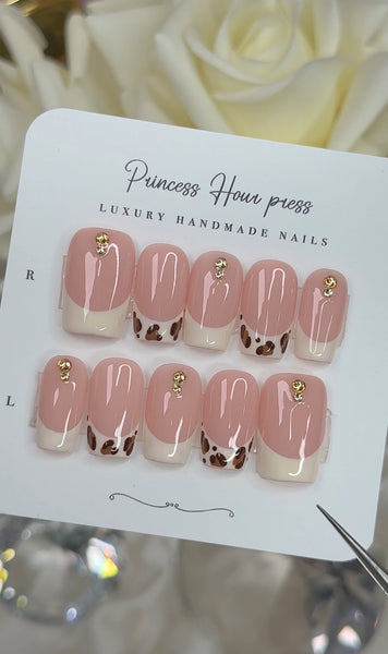 Leopard French Tip with Crystal - Short Square