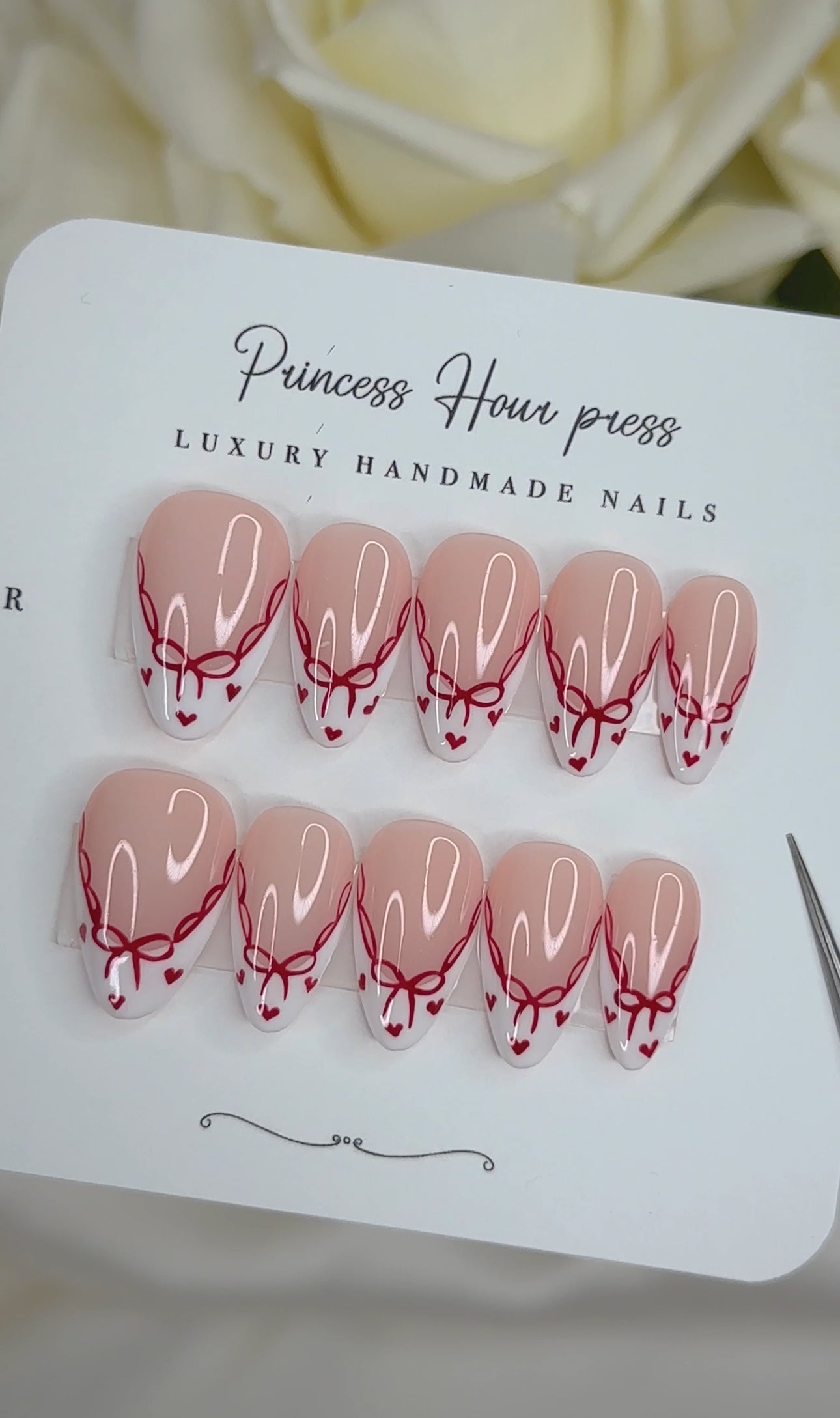 French Tip With Red Bow and Heart