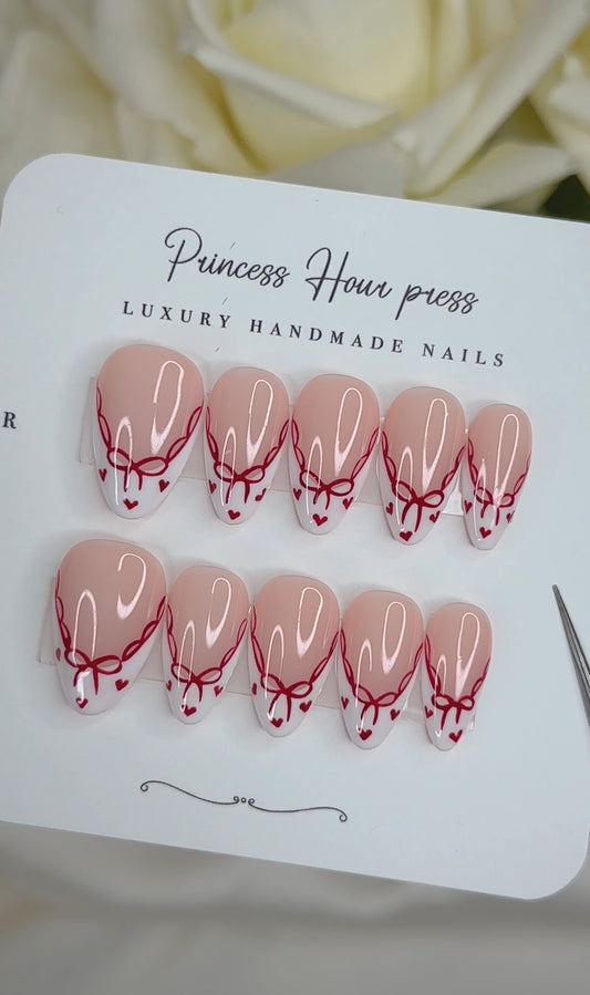 French Tip With Red Bow and Heart